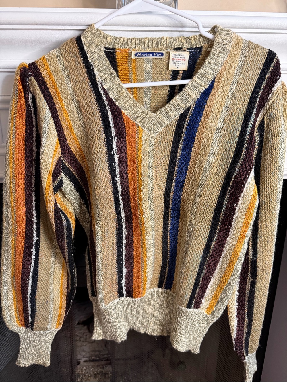 VTG 80s Mariea Kim Eclectic Grandpa Textured Striped V-Neck Knit Sweater M